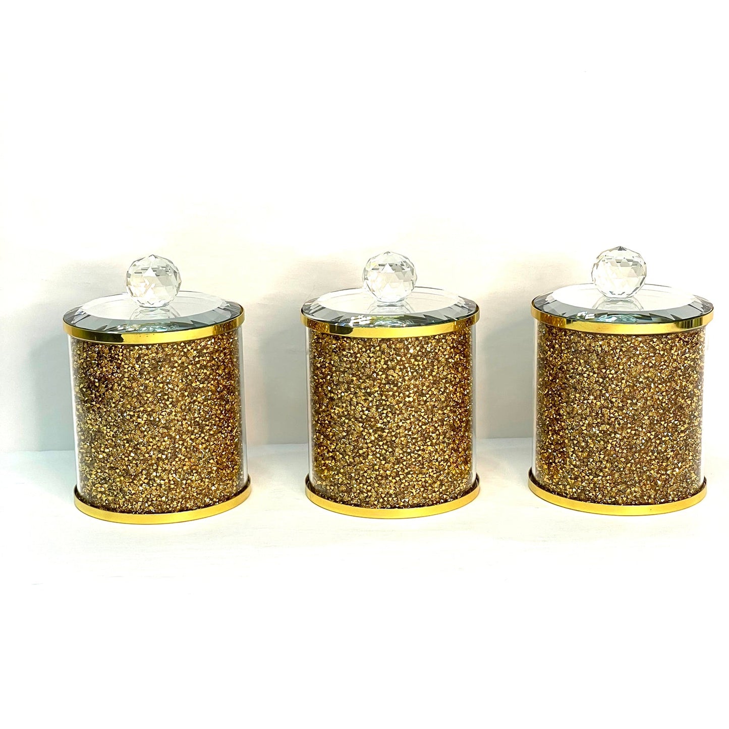 Exquisite Three Glass Canister Set, Gold Crushed Diamond Glass