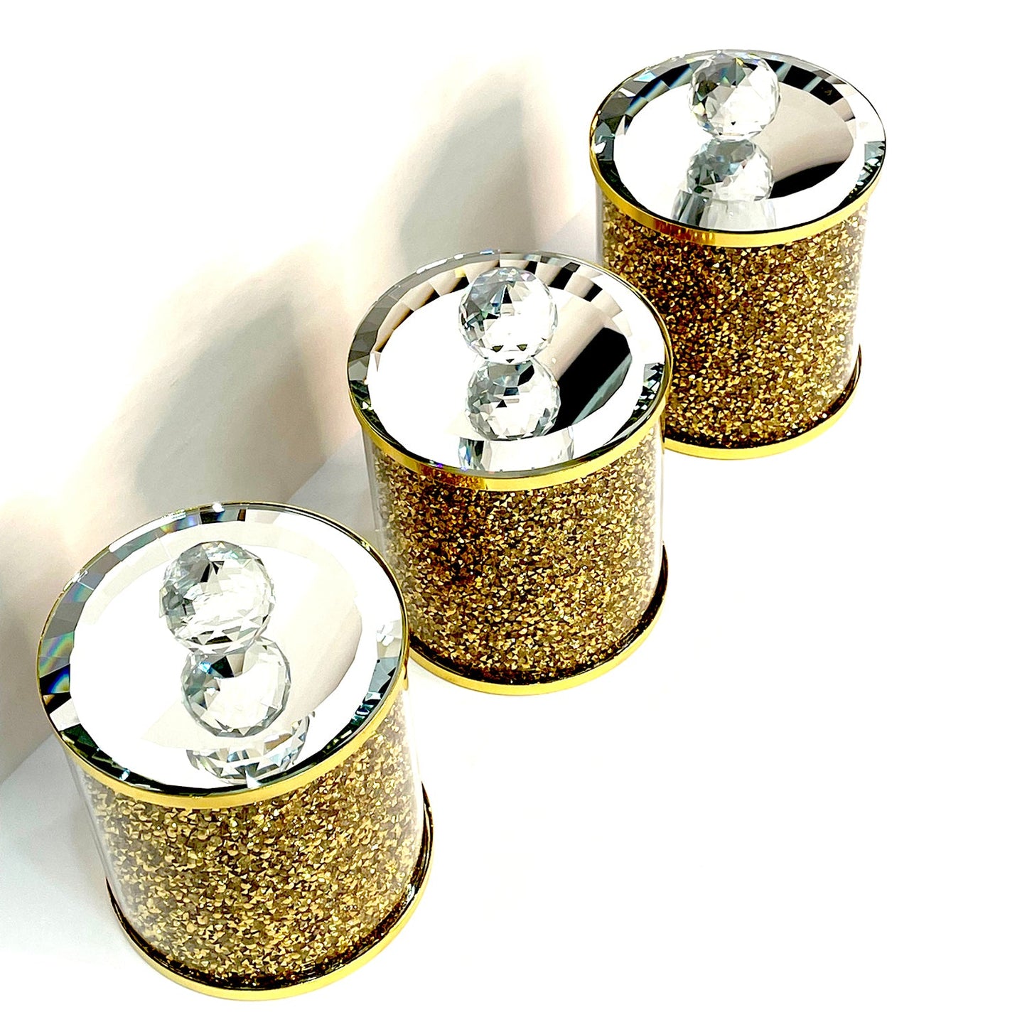 Exquisite Three Glass Canister Set, Gold Crushed Diamond Glass