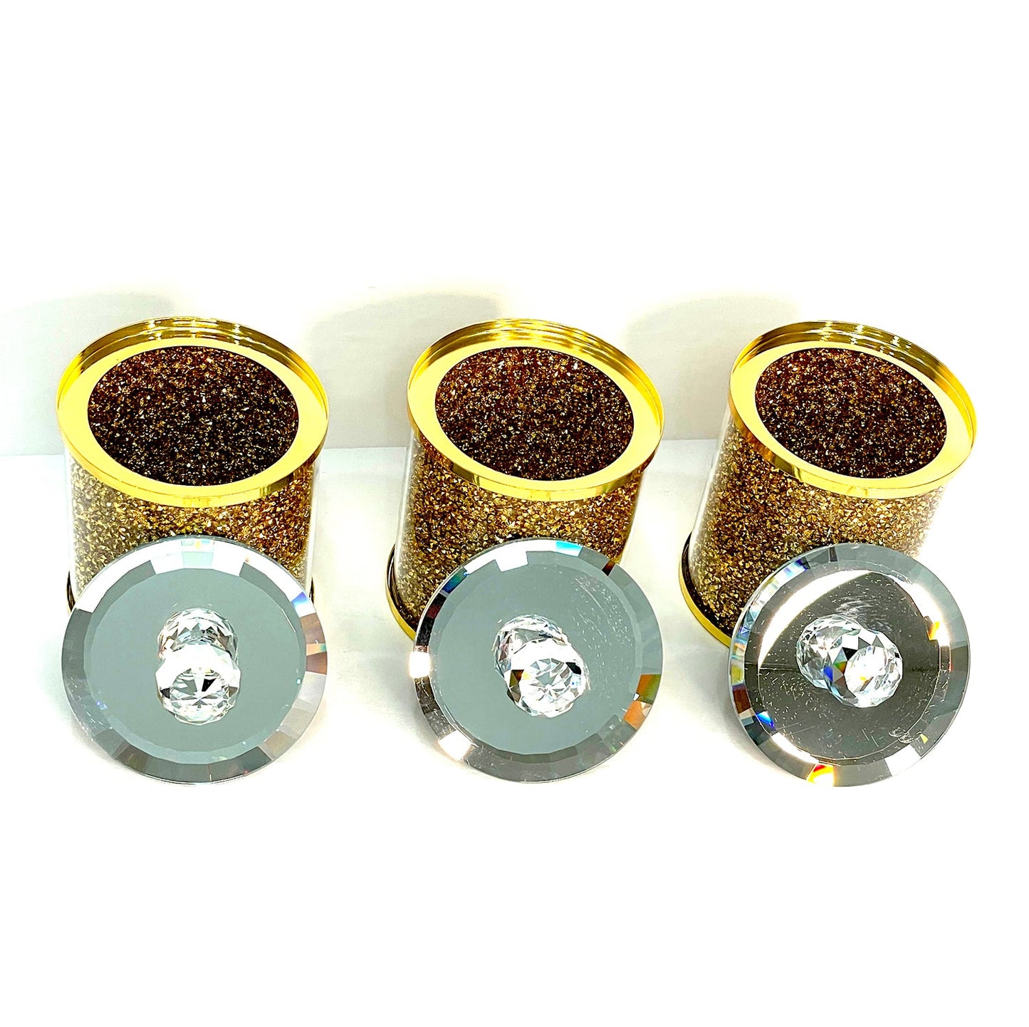 Exquisite Three Glass Canister Set, Gold Crushed Diamond Glass