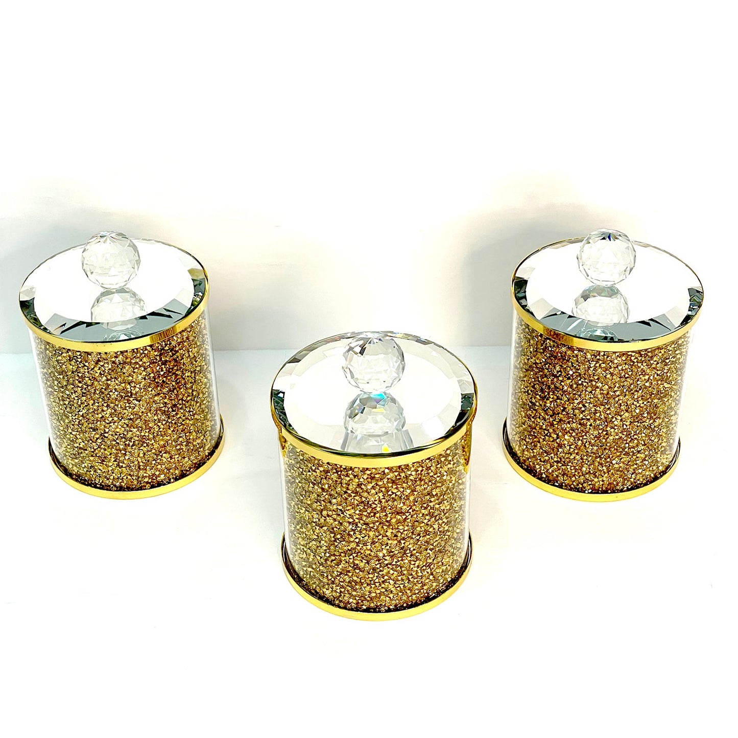 Exquisite Three Glass Canister Set, Gold Crushed Diamond Glass