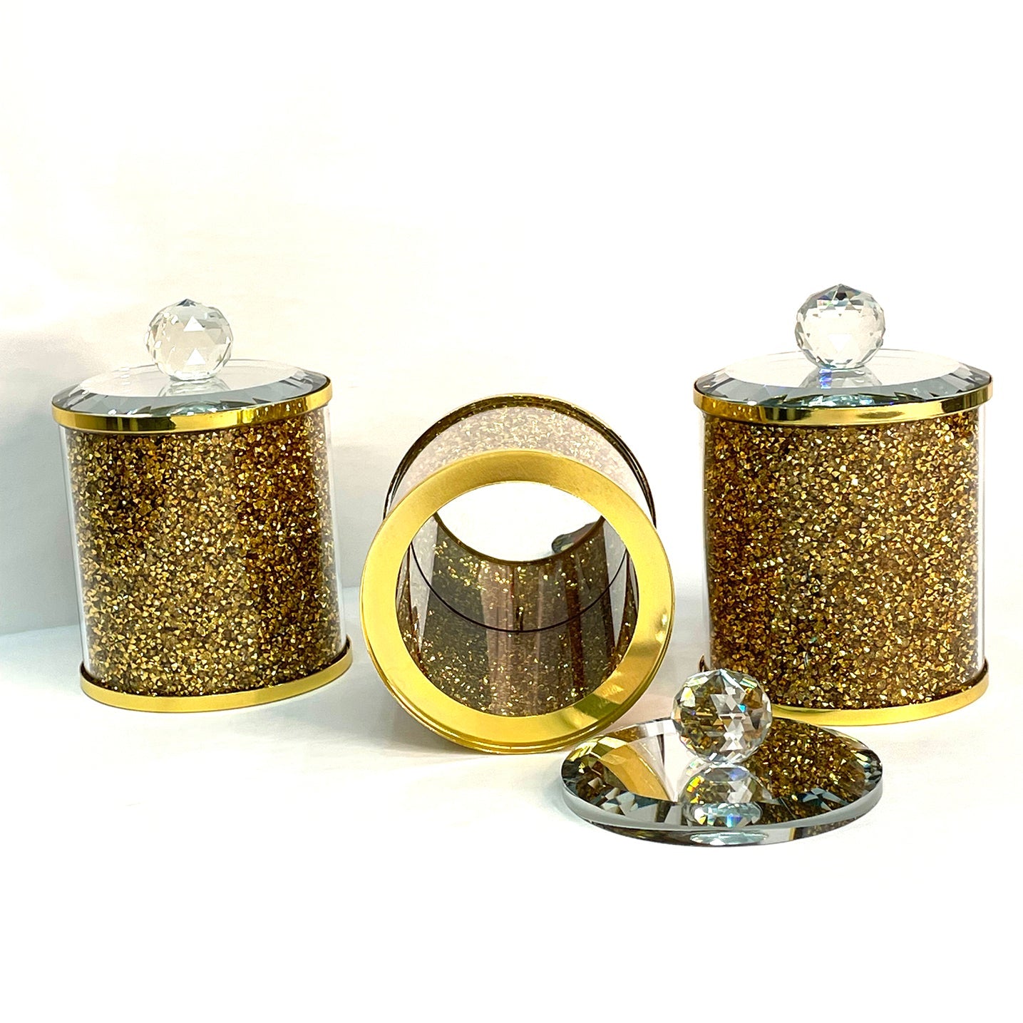 Exquisite Three Glass Canister Set, Gold Crushed Diamond Glass