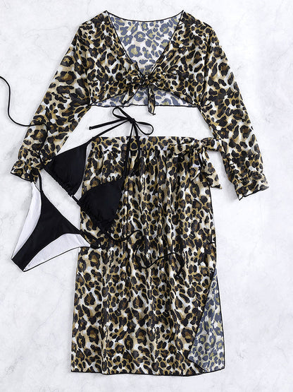 Sexy Four Pieces Bikini with Long Sleeve Cover Up Leopard Swimsuit