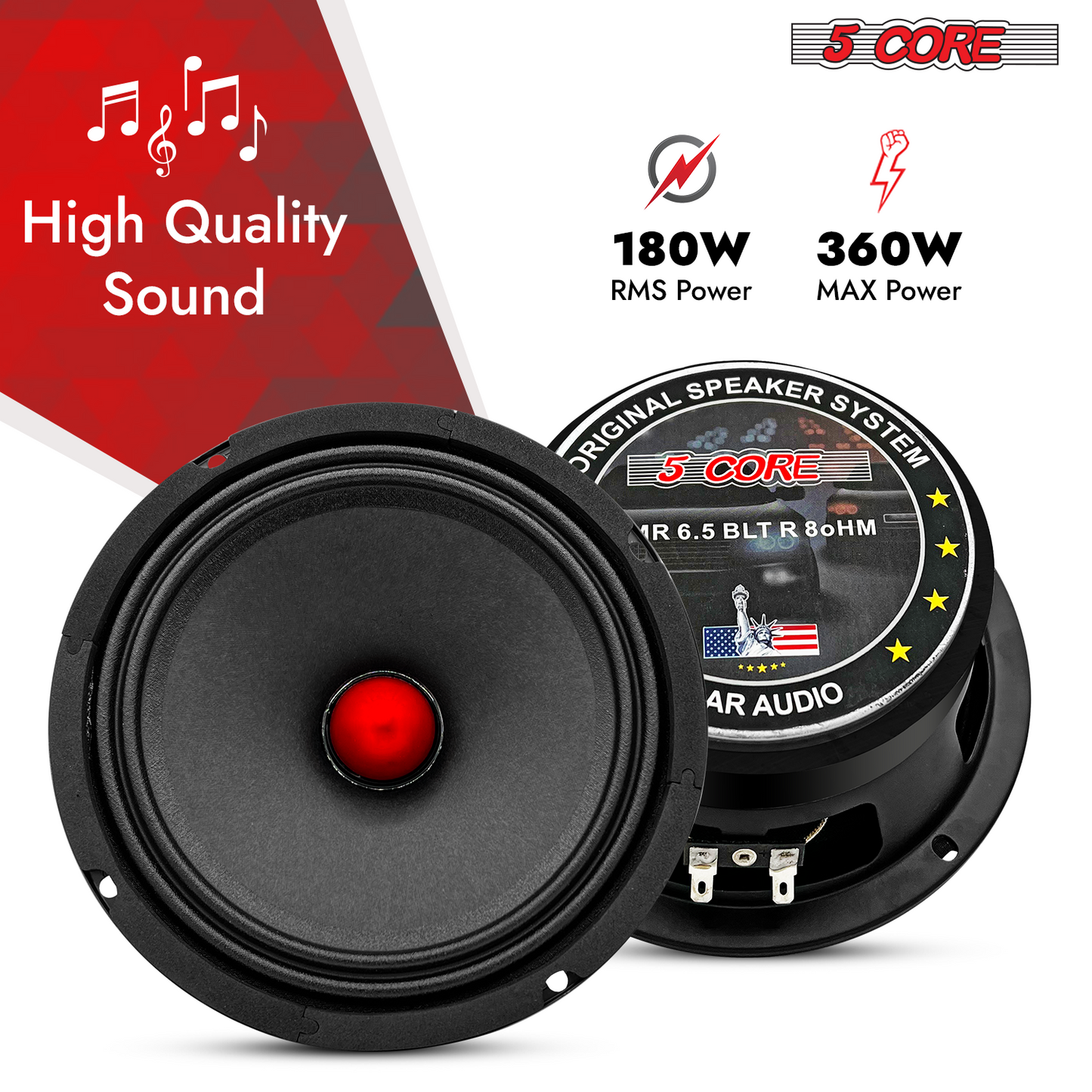 5Core 6.5 Inch Midrange Door Speaker 360W Subwoofer w Aluminum Bullet