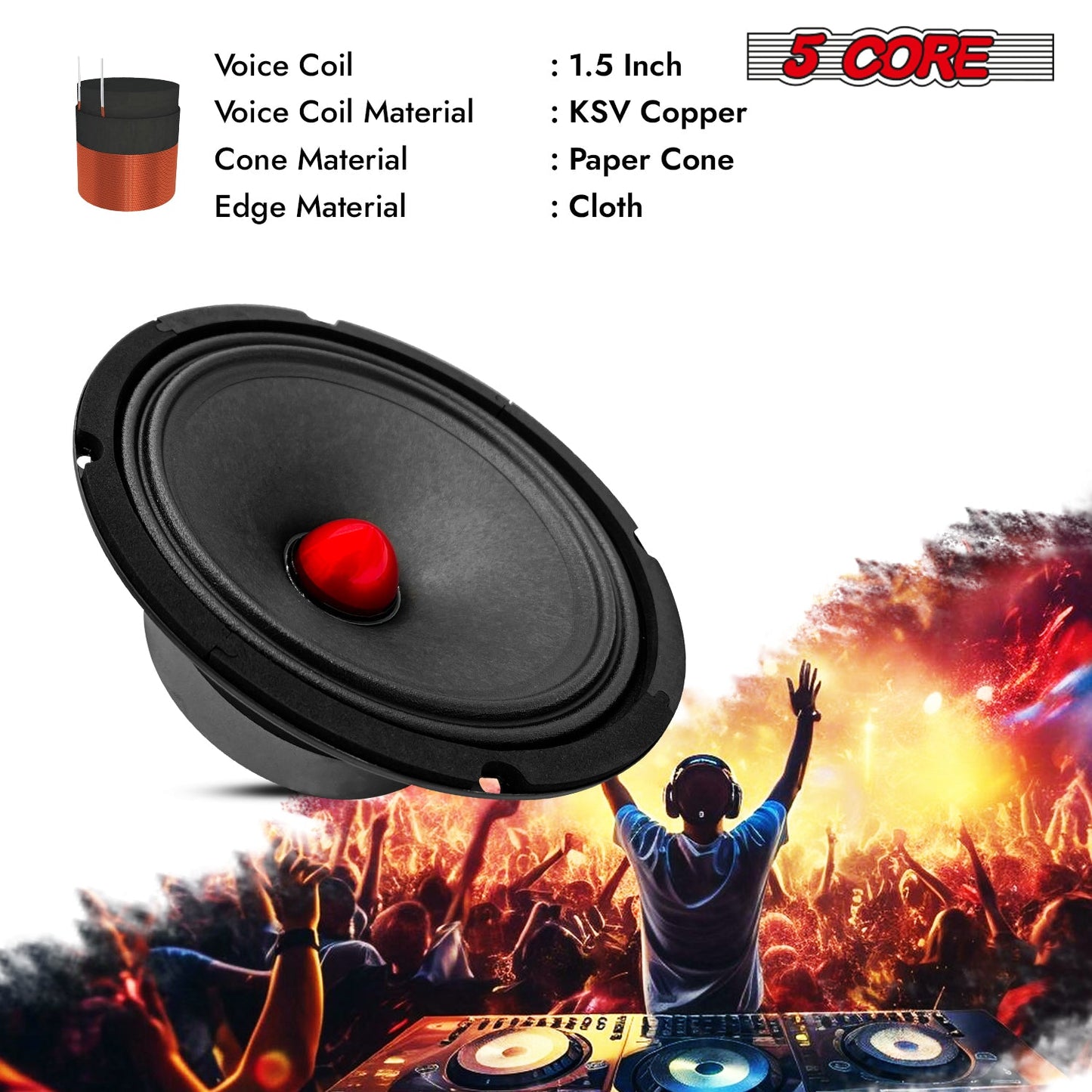 5Core 8 Inch Midrange Door Speaker 580W PMPO Subwoofer w Aluminum