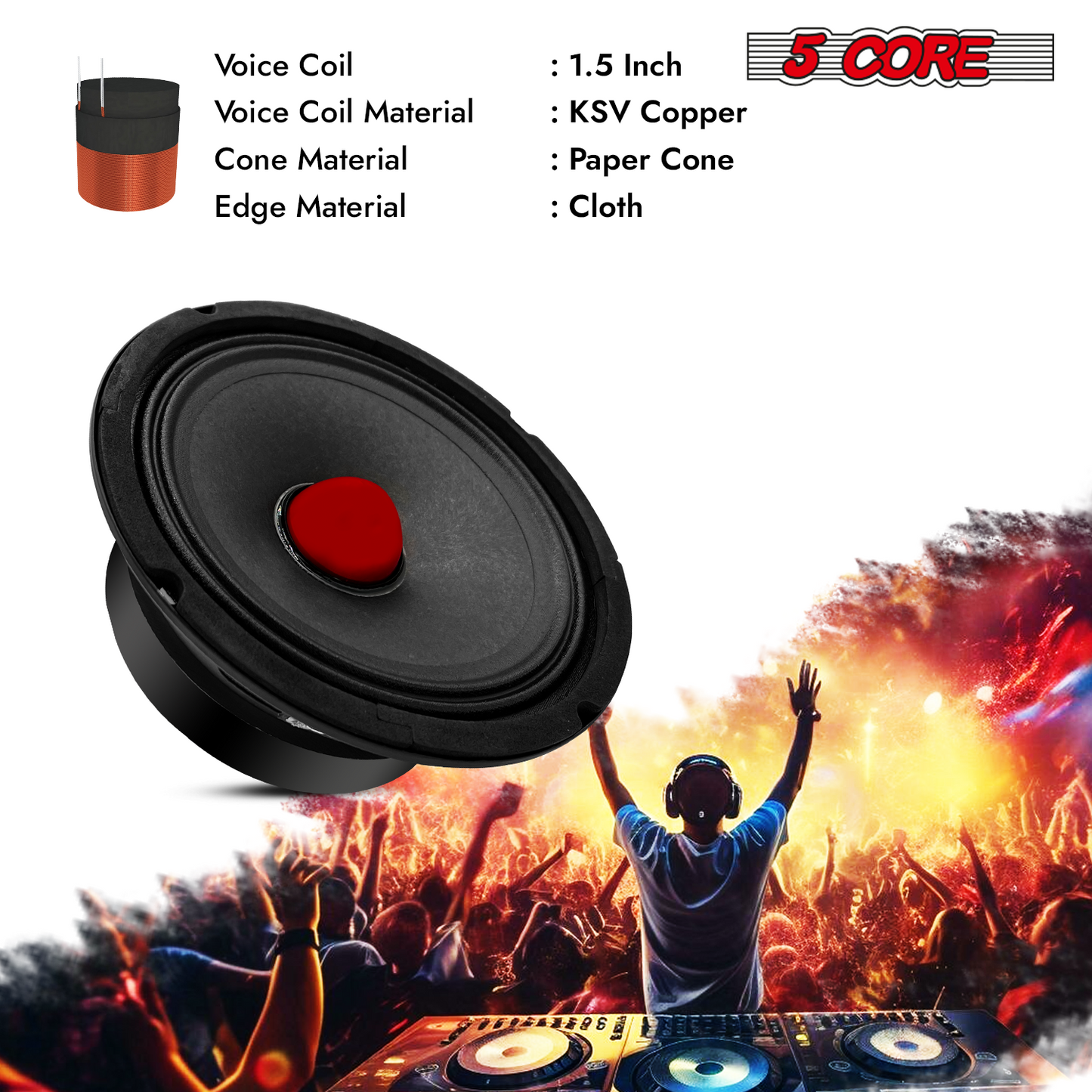 5Core 6.5 Inch Midrange Door Speaker 360W Subwoofer w Aluminum Bullet