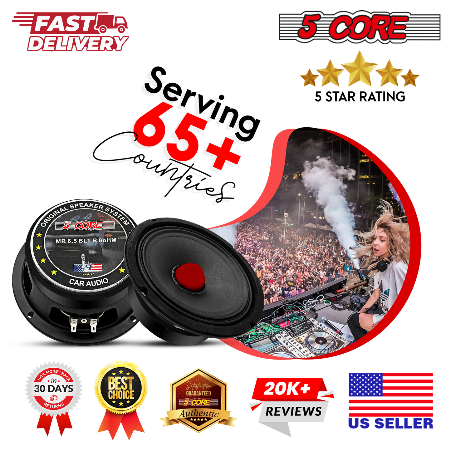5Core 6.5 Inch Midrange Door Speaker 360W Subwoofer w Aluminum Bullet