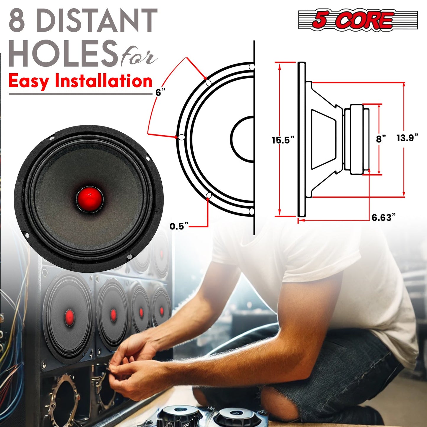 5Core 8 Inch Midrange Door Speaker 580W PMPO Subwoofer w Aluminum