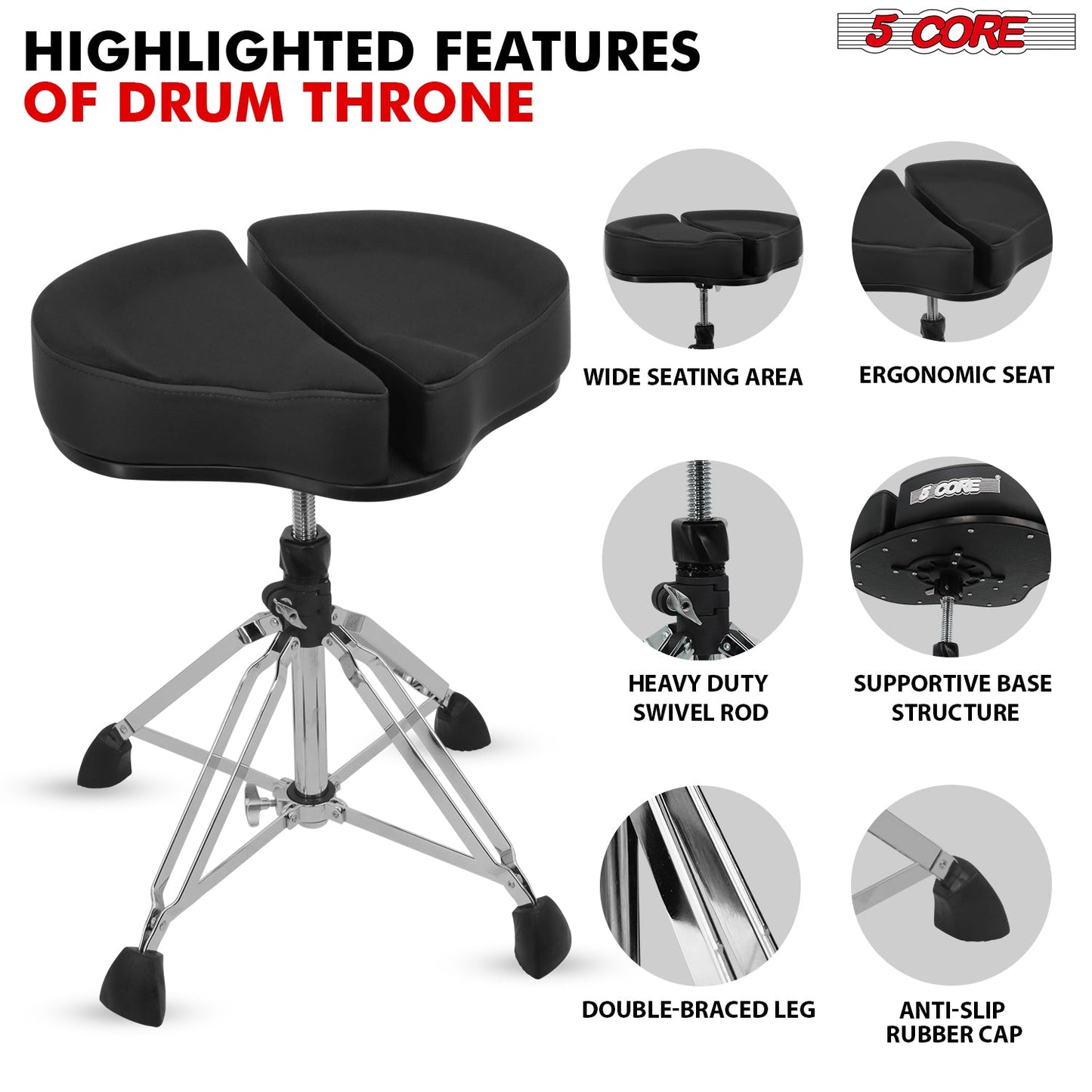 5Core Drum Throne Sponge Padded Guitar Stool Drummer Seat for Adults &