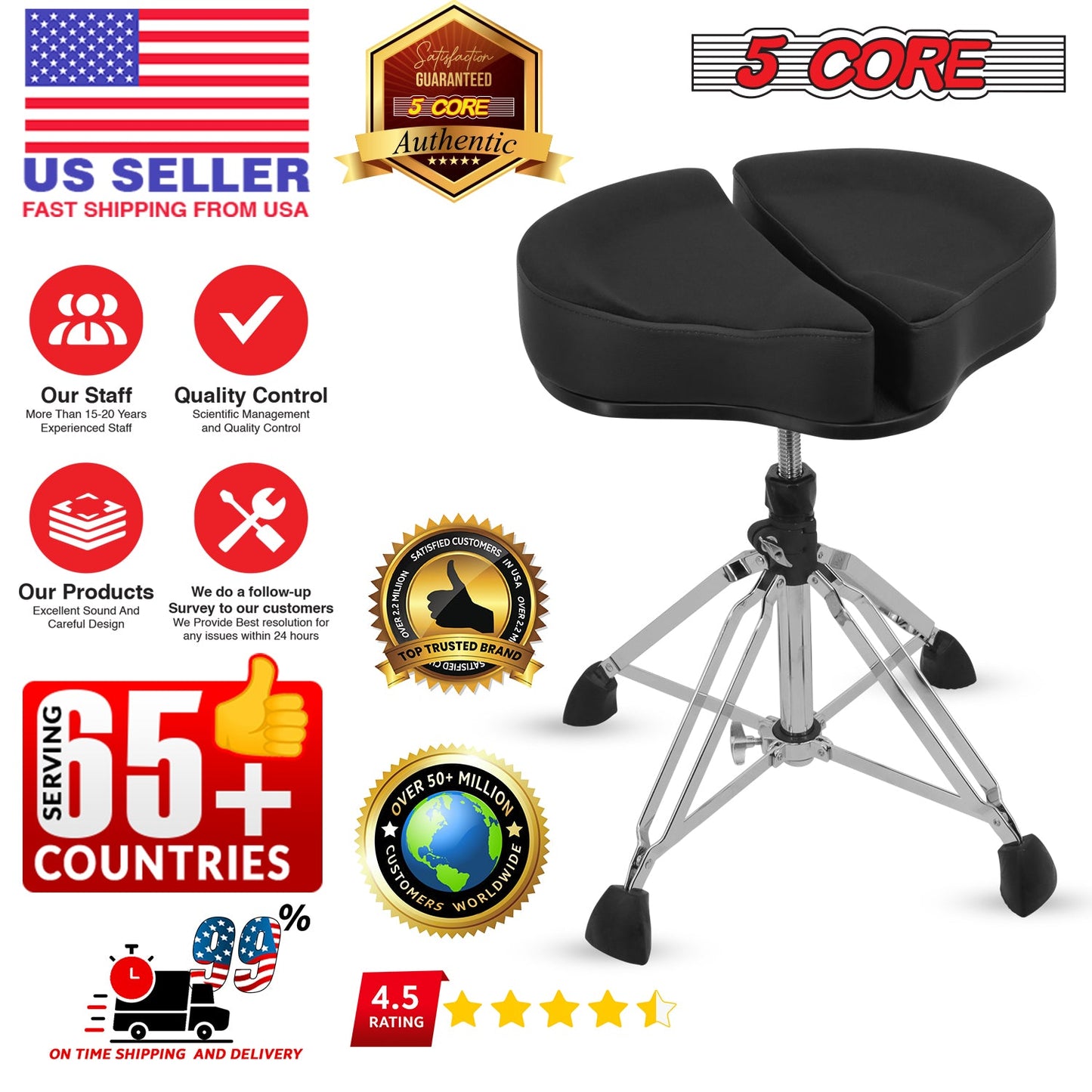 5Core Drum Throne Sponge Padded Guitar Stool Drummer Seat for Adults &