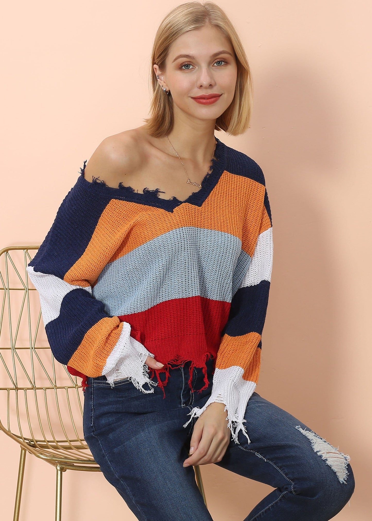 Frayed Hem Color Block Sweater