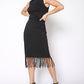 Tassel Hem Sleeveless Midi Bodycon Dress in Black