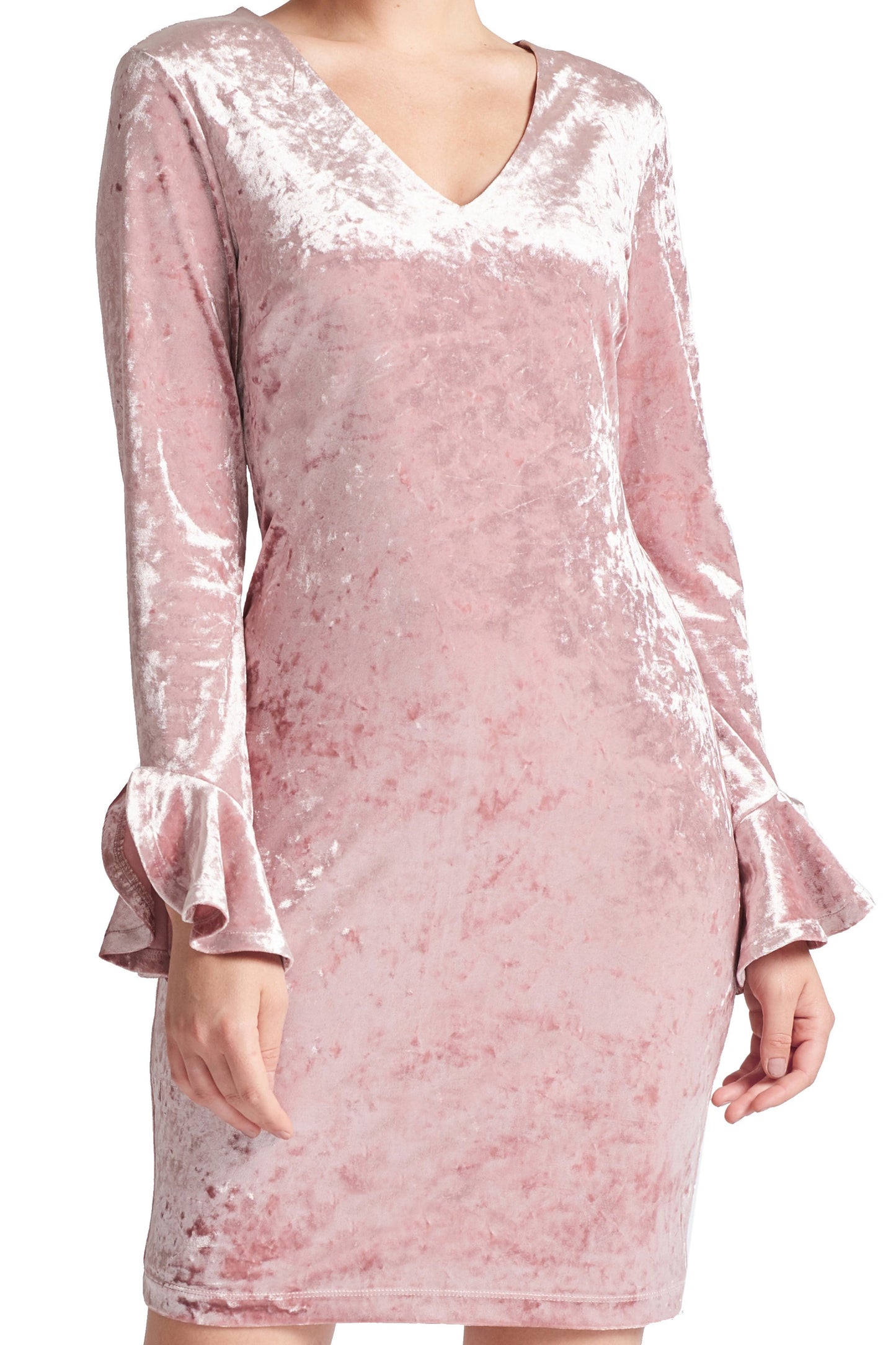 Kara Dress - Long sleeve crushed velvet v-neck dress adorned with bell