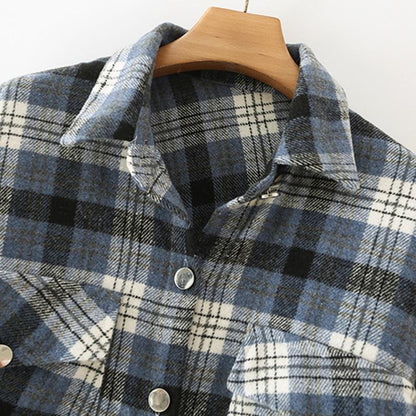 Blue and White Check Casual Jacket Vintage Single-Breasted Outerwear - Walbiz.com