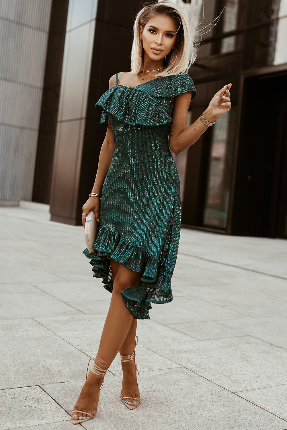Green One-Shoulder Sequin Dress