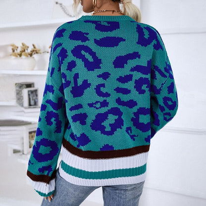 Round Neck Contrast Color Leopard Knit Sweater