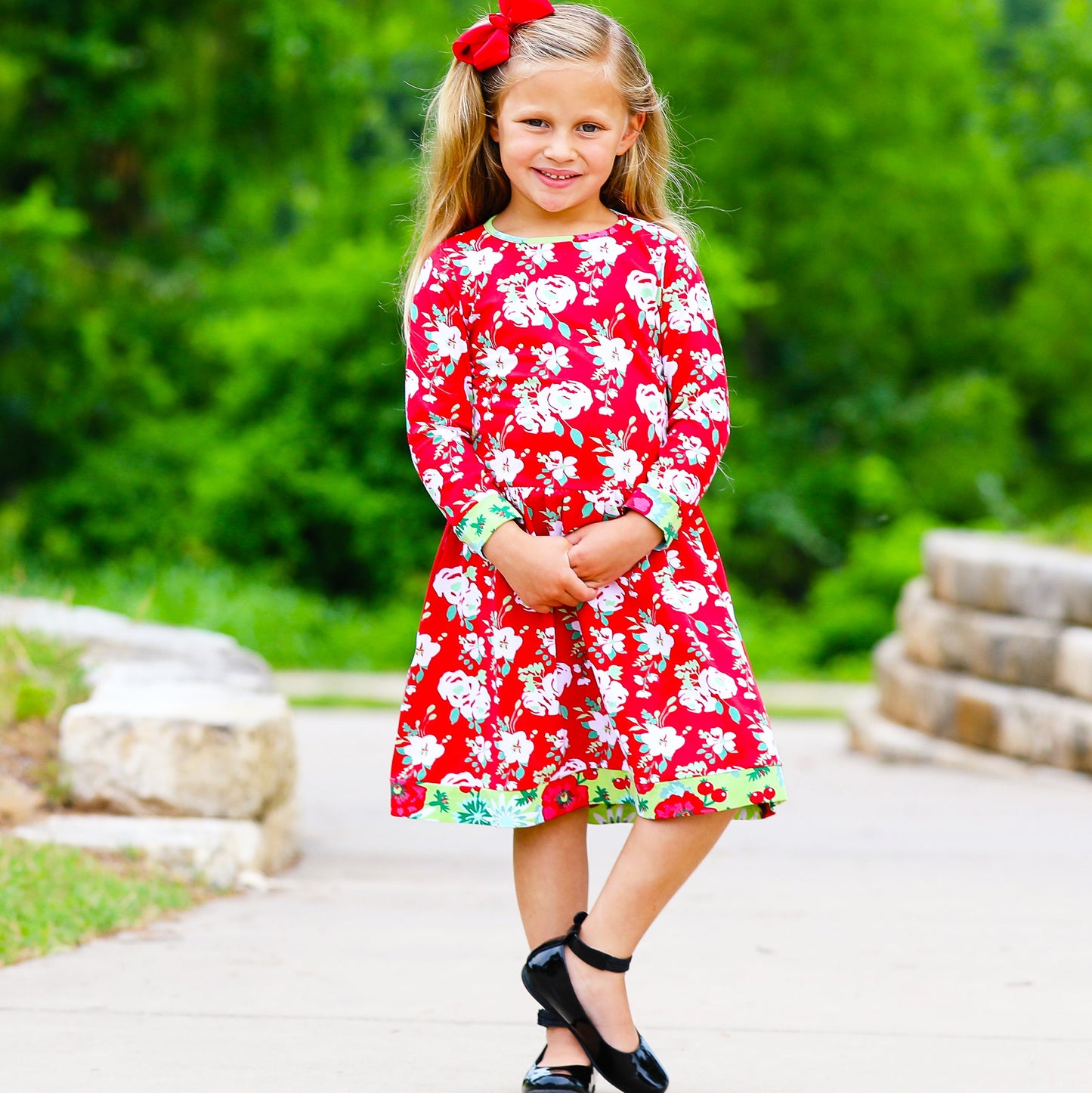 AnnLoren Girls Boutique Christmas Floral Long Sleeve Cotton Party