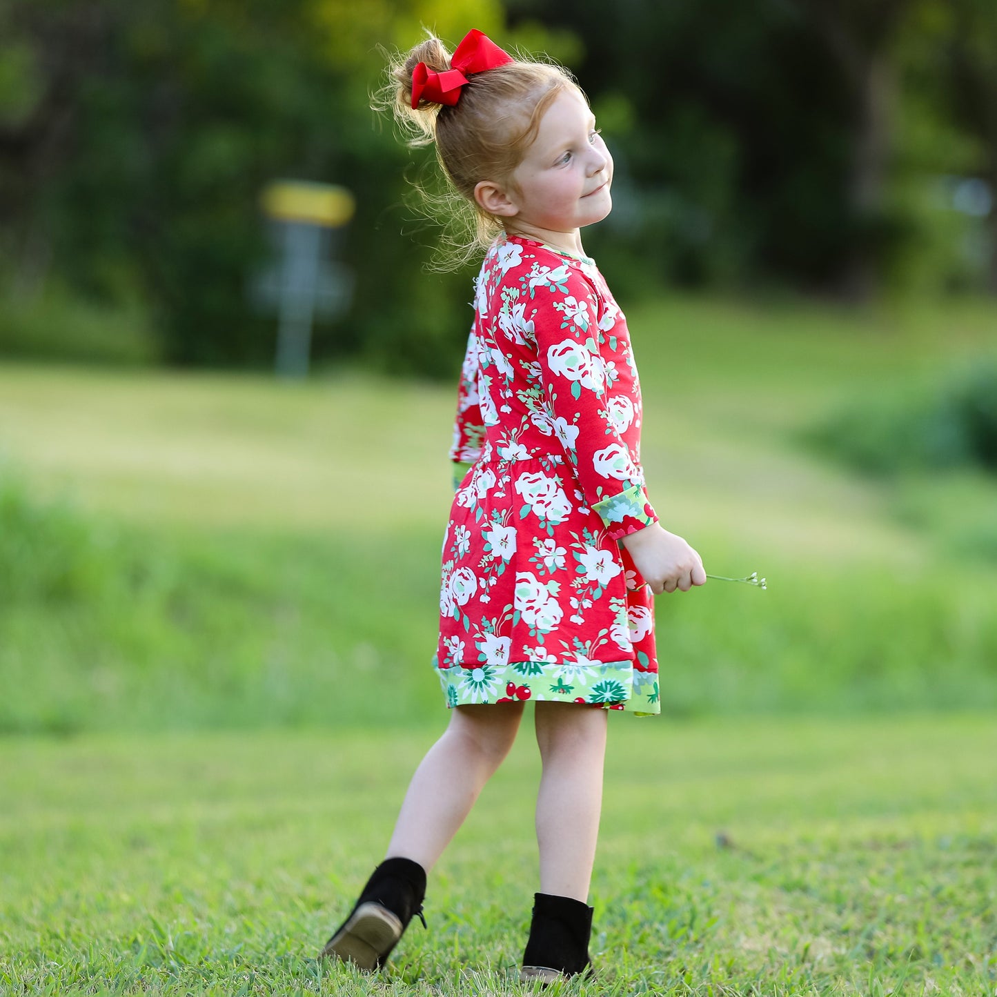 AnnLoren Girls Boutique Christmas Floral Long Sleeve Cotton Party