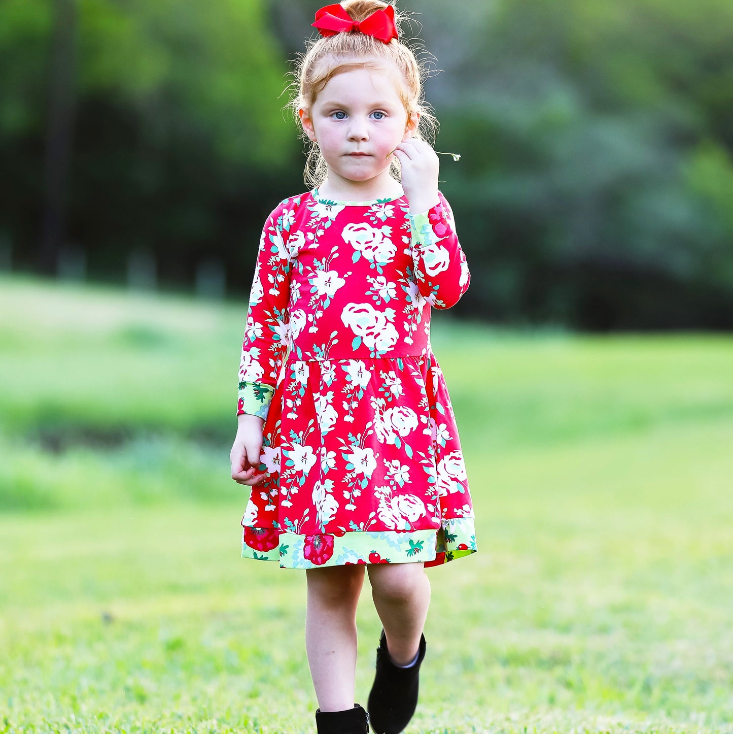 AnnLoren Girls Boutique Christmas Floral Long Sleeve Cotton Party
