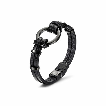 Black/Silver Circle Warp Leather Bracelet - Walbiz.com
