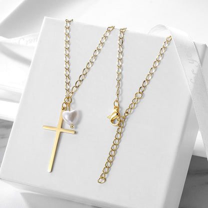 Cross with Love-shaped Pearl Pendant Necklace - Walbiz.com