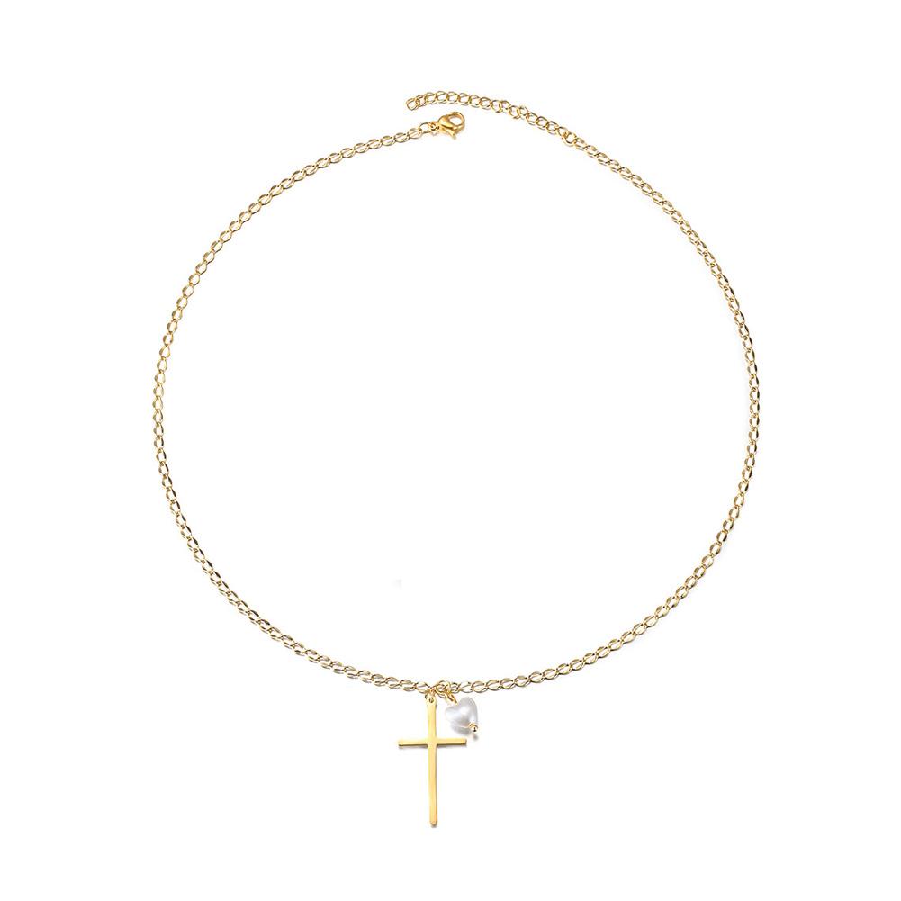 Cross with Love-shaped Pearl Pendant Necklace - Walbiz.com