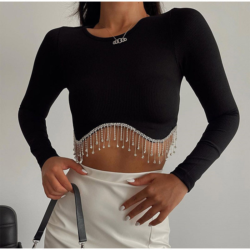 Round Neck Long Sleeve Crop Top with Sexy Rhinestone Fringe for Women
