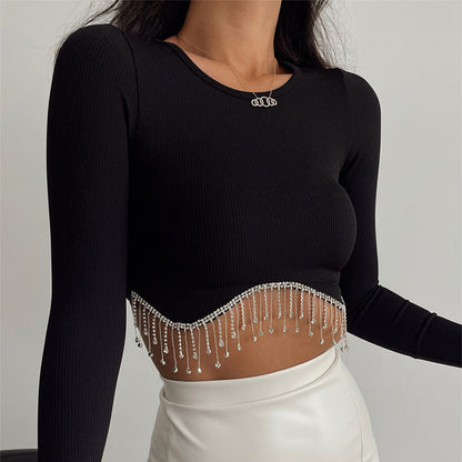 Round Neck Long Sleeve Crop Top with Sexy Rhinestone Fringe for Women