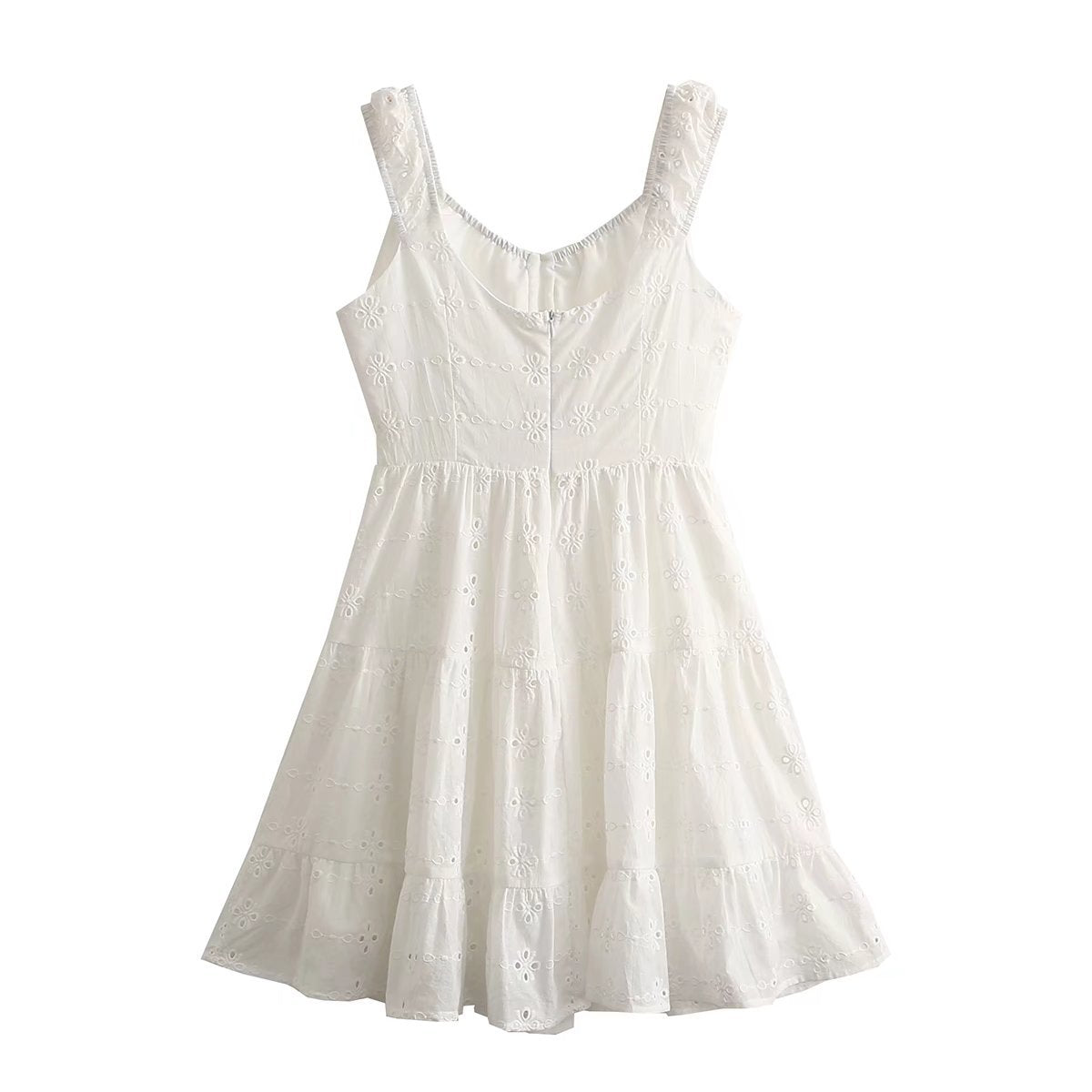 White Lace Embroidered Cotton Mini Dress - Walbiz.com