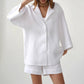 Cotton Shorts Suits Long Sleeve Casual Top Sets Wide Leg Shorts
