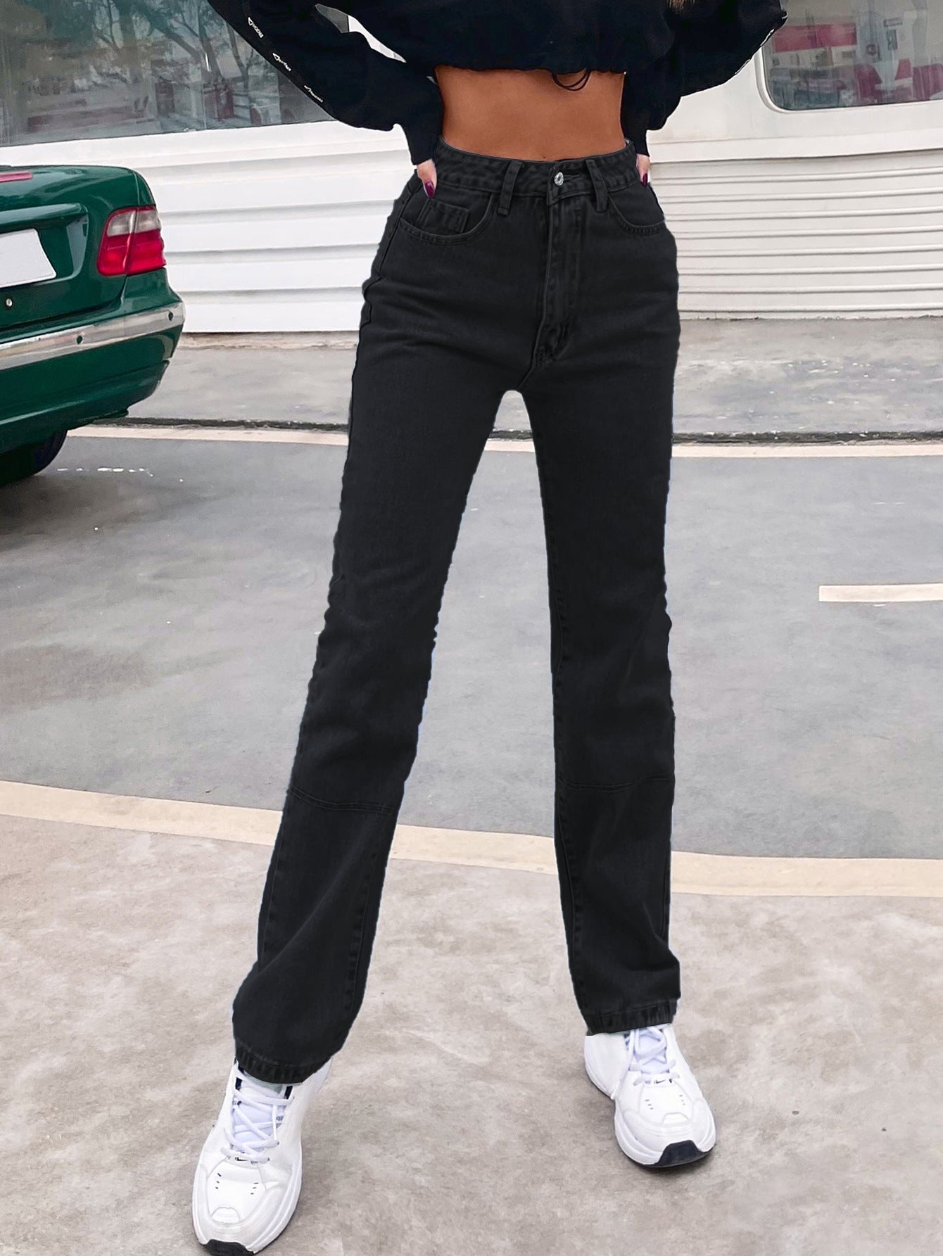 Fashionable High Waist Black Straight-Leg Jeans