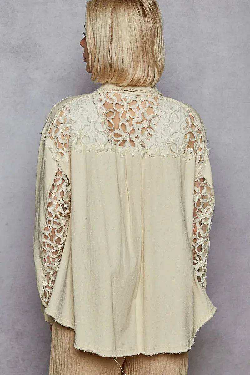 POL Button Down Raw Edg Shirt with Pearl Lace Patch