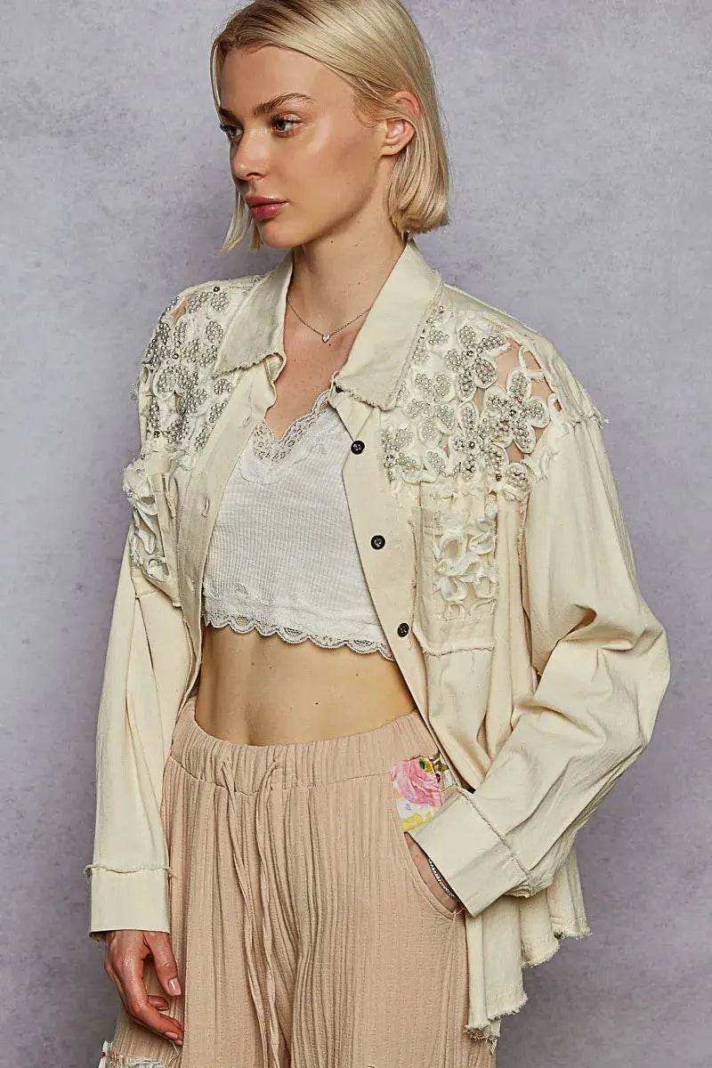 POL Button Down Raw Edg Shirt with Pearl Lace Patch