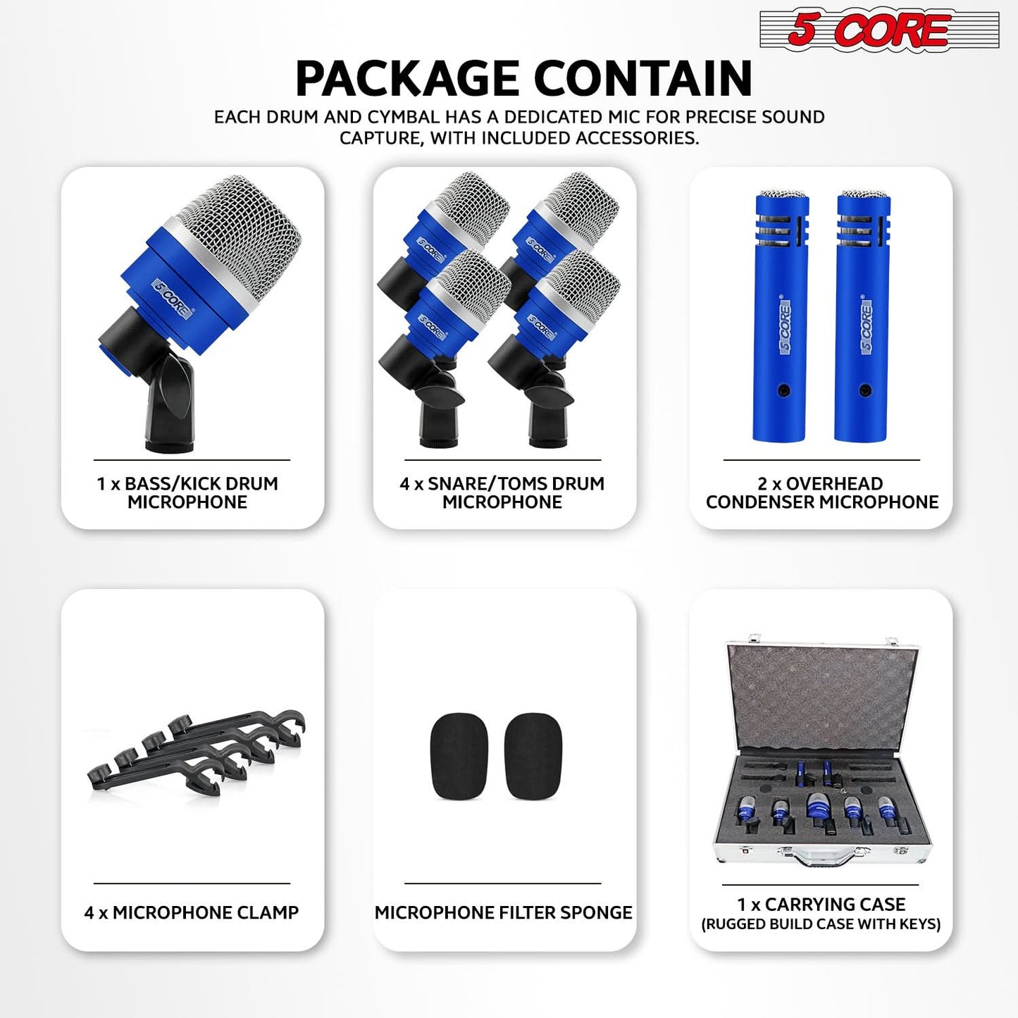 5Core Drum Mic Kit 7 Pcs Kick BassTom Snare Dynamic Microphone