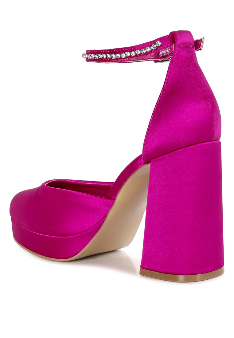 Hettie Satin Rhinestone Embellsihed Strap Platform Heels