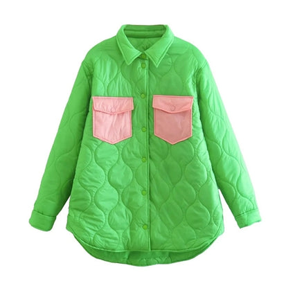 Quilting Green Pink Patchwork Button Argyle Padded Parkas Coat