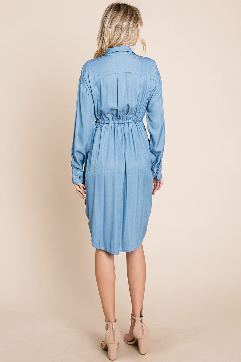 Button Down drawstring Tie waist Chambray Dress