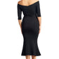 Raquel Dress Black - Off the shoulder seamed mermaid hem midi dress