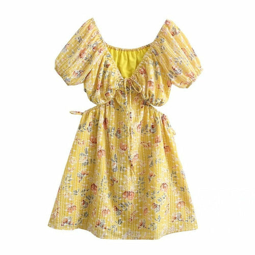 Yellow Floral Embroidered Mini Summer Dress - Walbiz.com