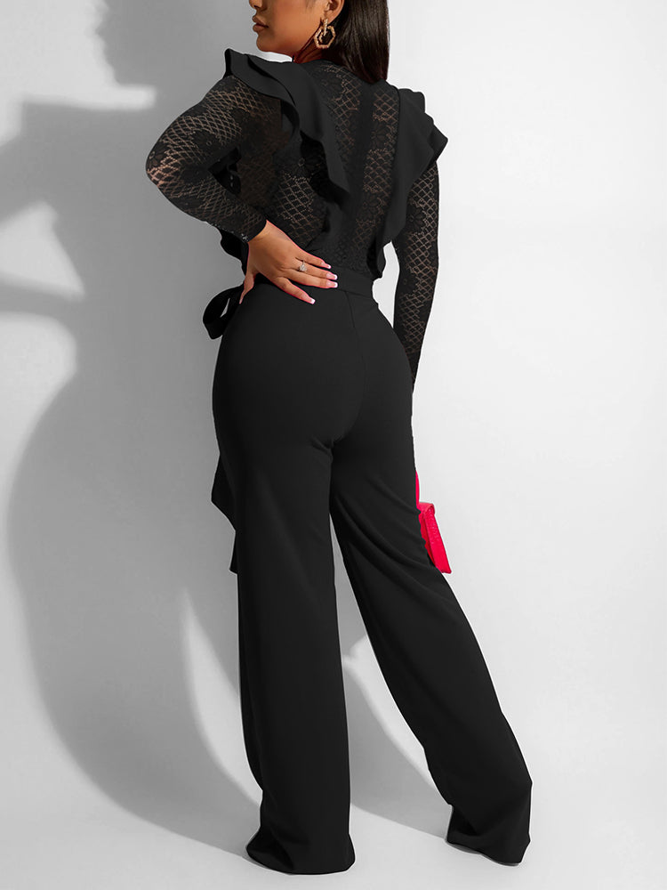 Women Long Sleeve V Neck Lace Insert Casual Jumpsuit - Walbiz.com