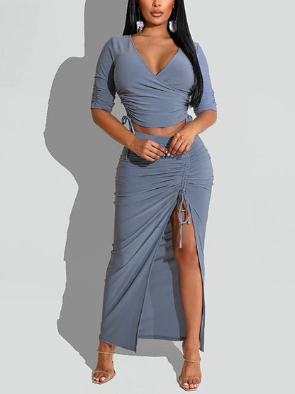 Two Piece Elegant Dress Suits Half Sleeve V Neck Crop Top High Slit - Walbiz.com