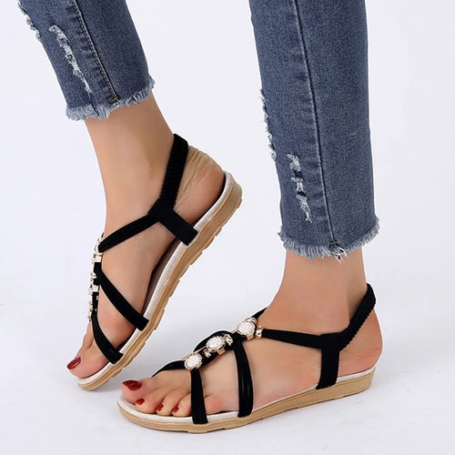 Women's sandals Ladies Fashion Suede Rhinestone Elastic Band Open Toe