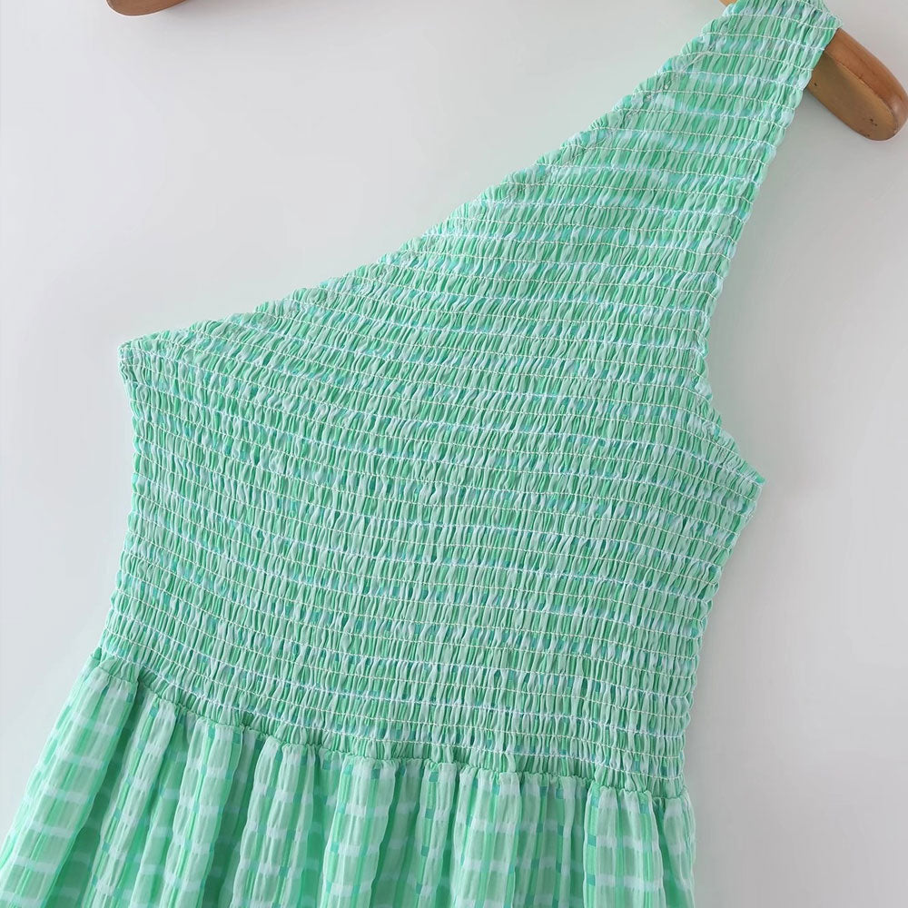 Asymmetrical Smocked Elastic Midi Dress One Shoulder - Walbiz.com