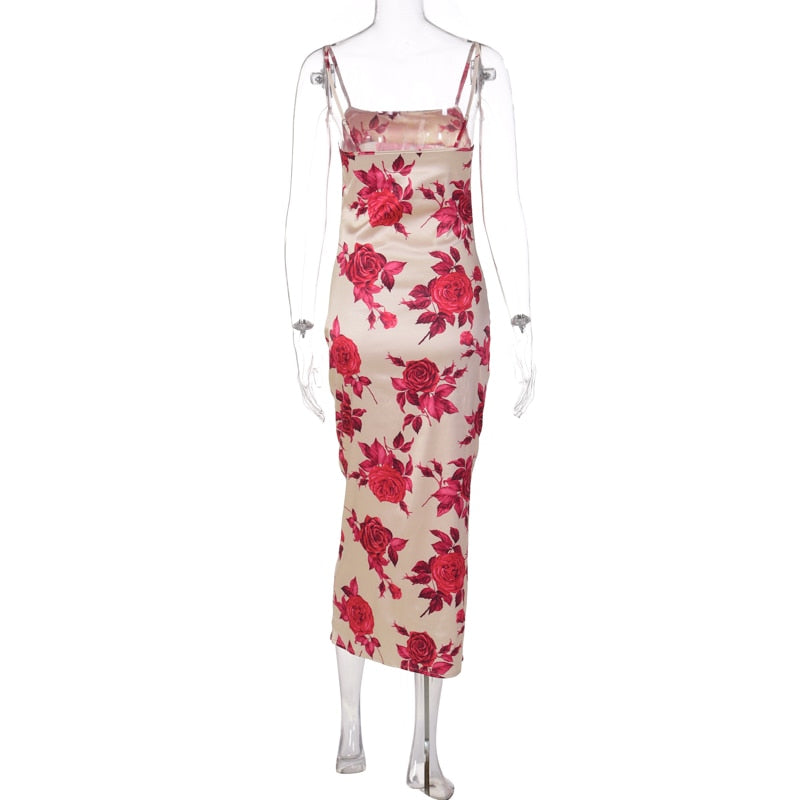Rose Printed Bodycon Backless Strap Midi Dress