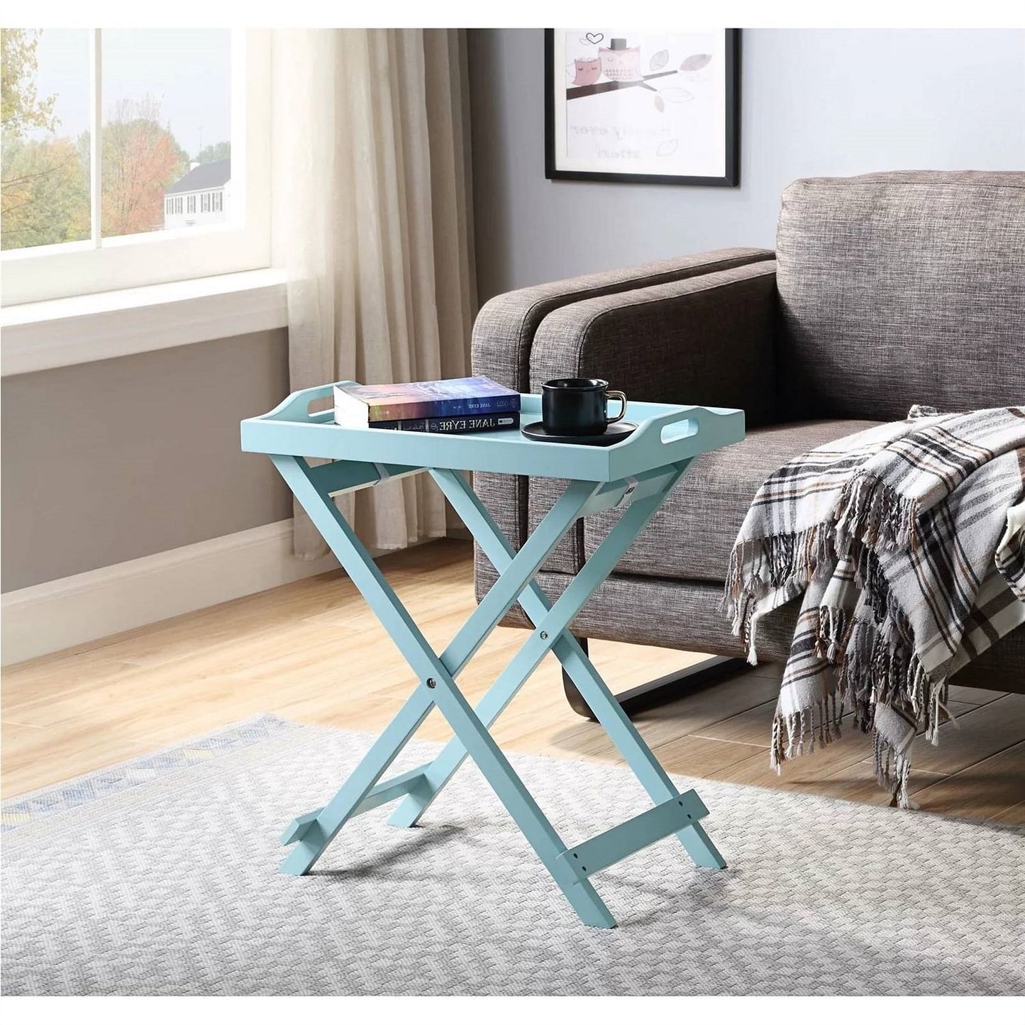 Folding TV Tray Bedside Table in Light Blue Teal Turquoise Seafoam