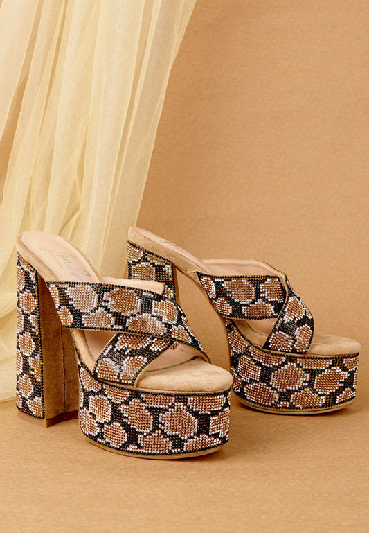 Sinful High Platform Patterned Diamante Slides