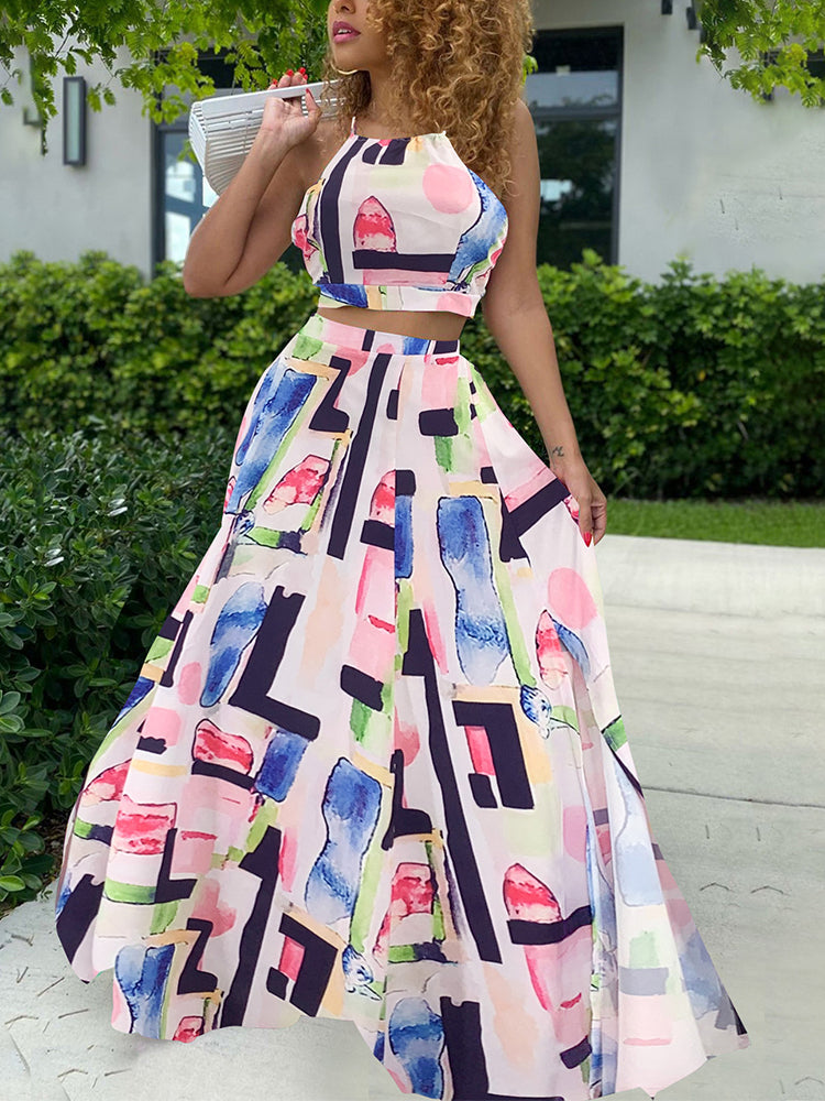 Floral Printed Dress Suits Backless Crop Top Maxi Skirt Set