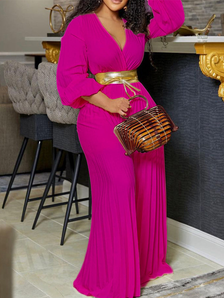 Elegant V Neck Pleated Jumpsuit Wide Leg Loose Overalls With the same