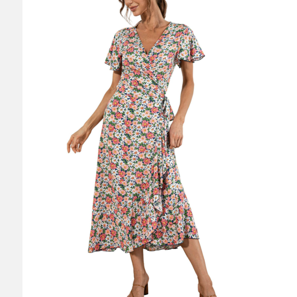 Womens V Neck Maxi Dress with Daisy Print - Walbiz.com