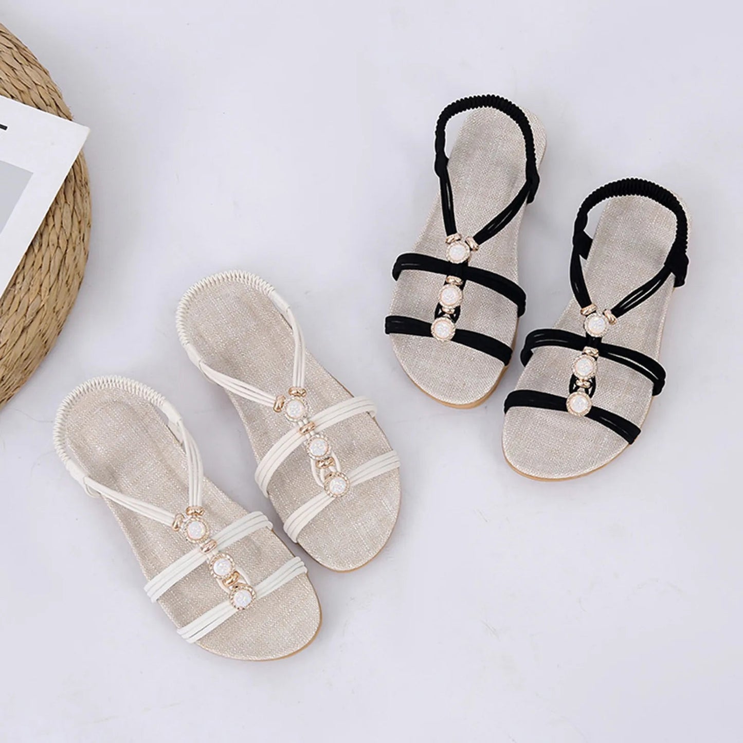 Women's sandals Ladies Fashion Suede Rhinestone Elastic Band Open Toe