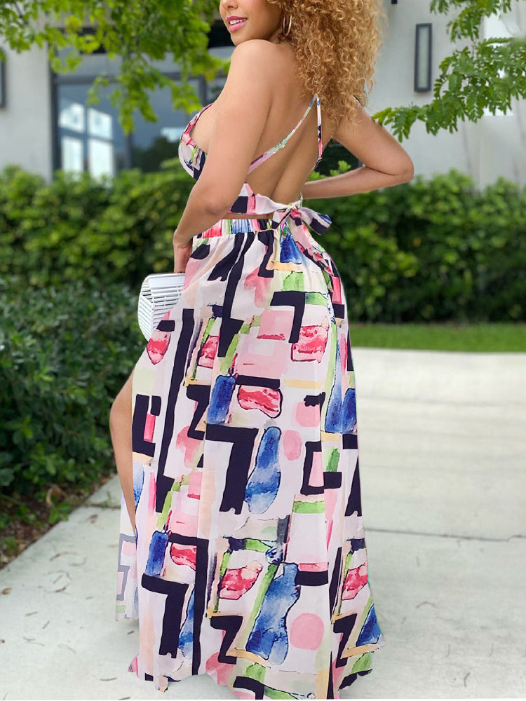 Floral Printed Dress Suits Backless Crop Top Maxi Skirt Set